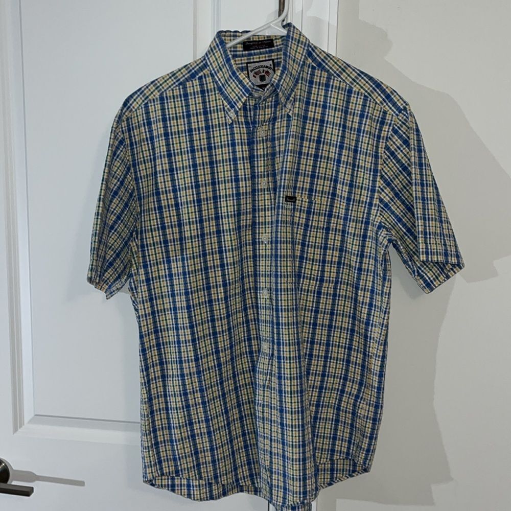 Blue/Yellow Classic Fit Faconnable Seersucker Summer cotton short sleeve shirt M